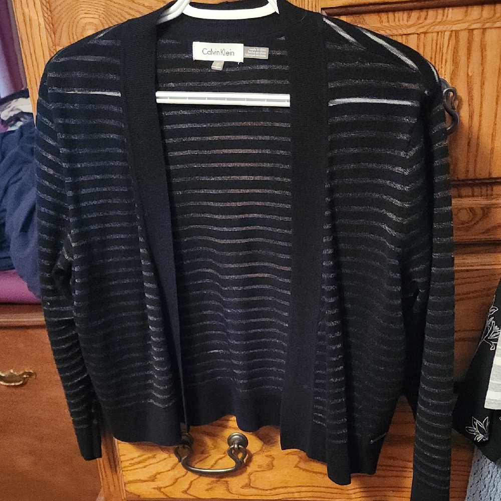 Calvin Klein Women's Black and Gray Striped Cardigan